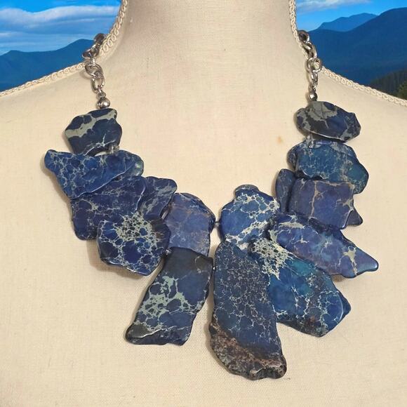 Blue Jade Chico's Necklace Semiprecious Stone Rustic Brutalist Style 18" - 22" L - Picture 10 of 15